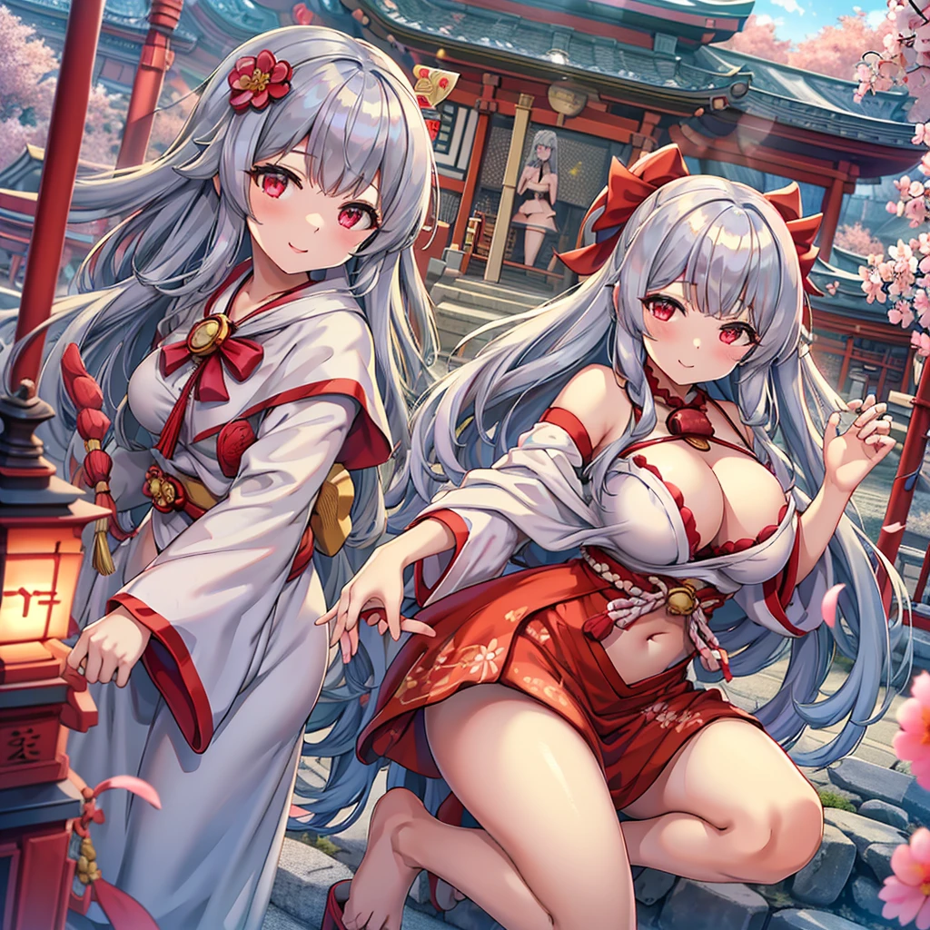 Masterpiece、Highest quality、Super detailed、1 girl、Gray Hair、(Big Tits)、Fluffy and soft long hair、Red-pink eyes、Shrine maiden、shrine、Cleavage、(The underboob is visible)、Belly button、Ruffles and ribbons、smile、Too big breasts