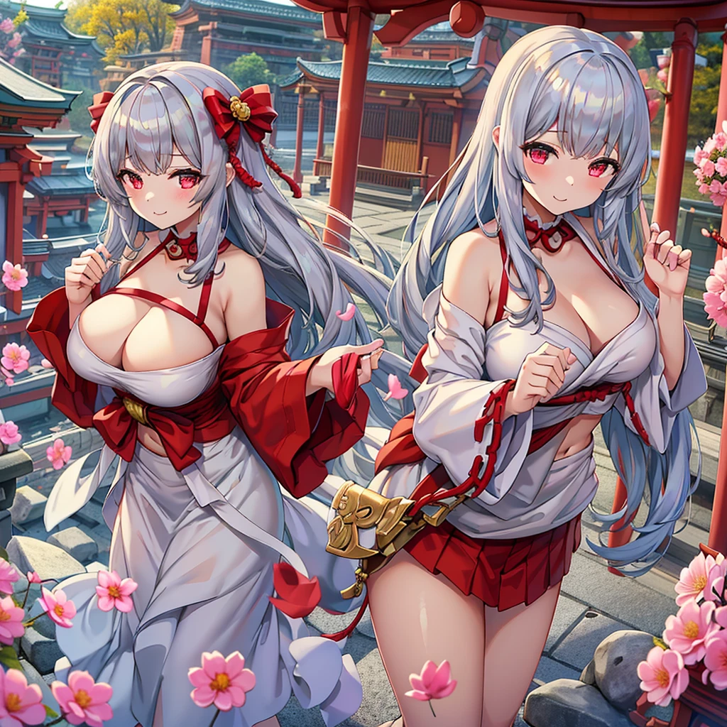 Masterpiece、Highest quality、Super detailed、1 girl、Gray Hair、(Big Tits)、Fluffy and soft long hair、Red-pink eyes、Shrine maiden、shrine、Cleavage、(The underboob is visible)、Belly button、Ruffles and ribbons、smile、Too big breasts