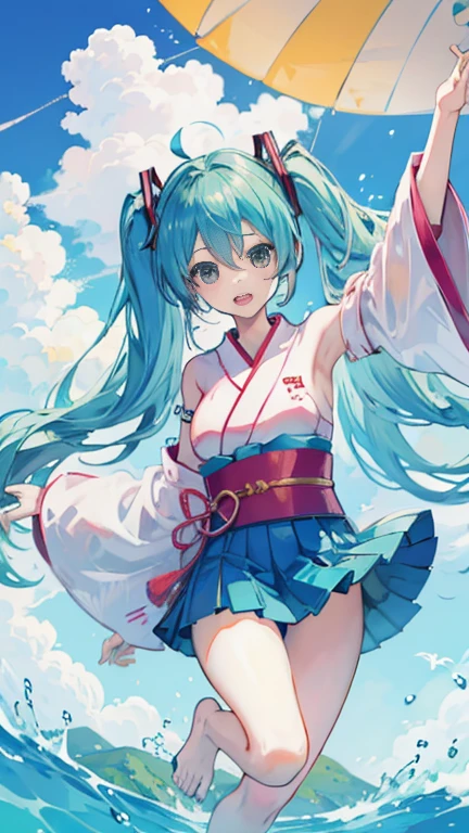 Hatsune Miku in a yukata enjoying a summer festival while skydiving, raising both hands in the air