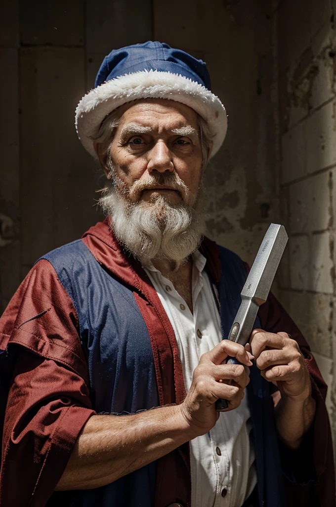 Saint Peter. elderly man, white bearded, wearing red and blue cloak, holding a square tip wrench.