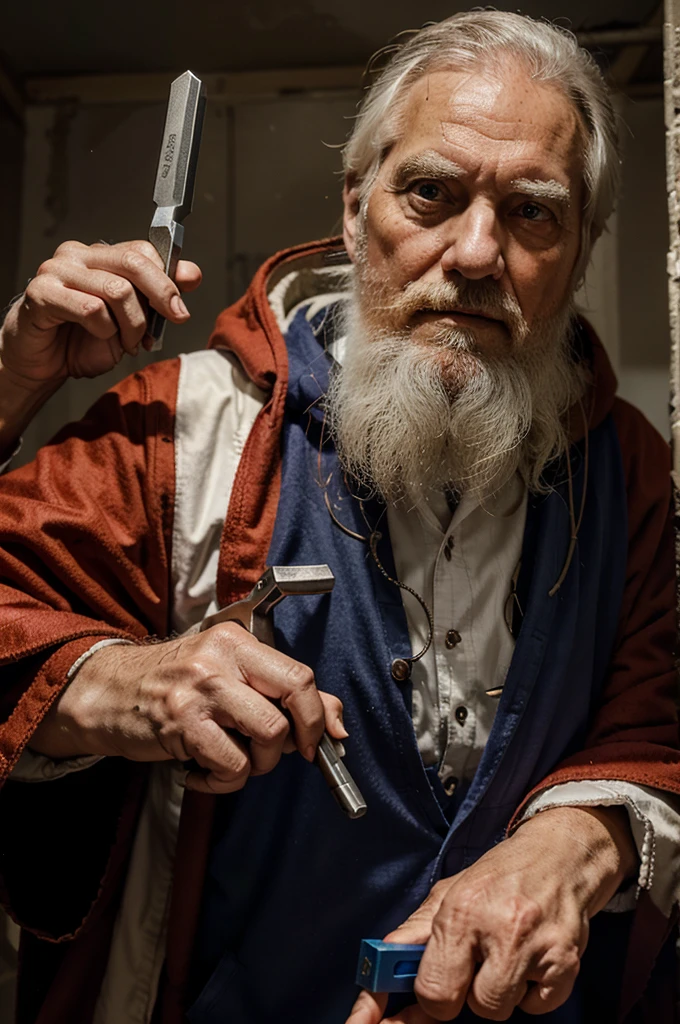 Middle-aged man,White Beard,Grizzle hair,Long Hair,Dad，Big muscles,Slightly thicker，anger，Dressed in a gorgeous white suit, In a cage, slave, Sit on a chair, Chained, Large Breasts, Big penis,White Semen, good looking, Facial blemishes, Squeeze the face, Red eyes, Two hands, Tattoo on the forehead, many chains, Chained on neck