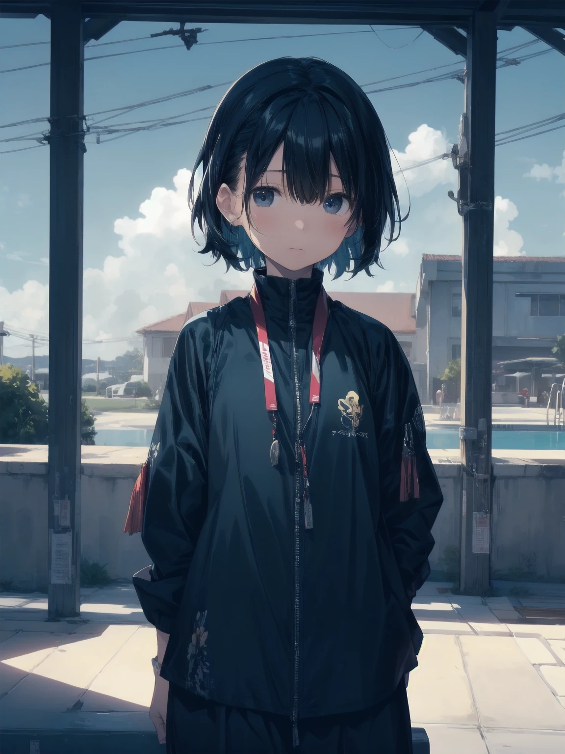 ultra-Top-quality by art God, ultra-detailed, high resolution, shinkai makoto style, anime moe artstyle, best anime 8k konachan wallpaper, pixiv contest winner, perfect anatomy, break,(Please draw a picture of a girl isitting sleepily on a bench by the poolside alone.),break, a hyperrealistic school girl, (Solo,lolita, ???, 13-year-old:1.3),Full limbs, complete fingers,a junior high school student, androgynous charm, (very short hair), wet hair, small round chest,slender body, Small butt, groin, Small black eyes,hanme,beautiful detailed eyes, well-proportioned iris and pupils, sleepy eyes, highres detailed hair, swimsuit, wet swimsuit, bare shoulders, thighs, in the school pool. break,super detailed skin, shiny skin, Best lighting powered by famous artist, 8k, illustration,UHD, textured skin,break,((artist:saiguchi_otoufu )), artist:clamp ,artist:carnelian ,artist:kantoku ,