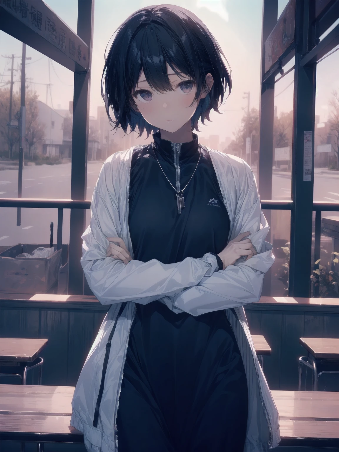 ultra-Top-quality by art God, ultra-detailed, high resolution, shinkai makoto style, anime moe artstyle, best anime 8k konachan wallpaper, pixiv contest winner, perfect anatomy, break,(Please draw a picture of a girl isitting sleepily on a bench by the poolside alone.),break, a hyperrealistic school girl, (Solo,lolita, ???, 13-year-old:1.3),Full limbs, complete fingers,a junior high school student, androgynous charm, (very short hair), wet hair, small round chest,slender body, Small butt, groin, Small black eyes,hanme,beautiful detailed eyes, well-proportioned iris and pupils, sleepy eyes, highres detailed hair, swimsuit, wet swimsuit, bare shoulders, thighs, in the school pool. break,super detailed skin, shiny skin, Best lighting powered by famous artist, 8k, illustration,UHD, textured skin,break,((artist:saiguchi_otoufu )), artist:clamp ,artist:carnelian ,artist:kantoku ,