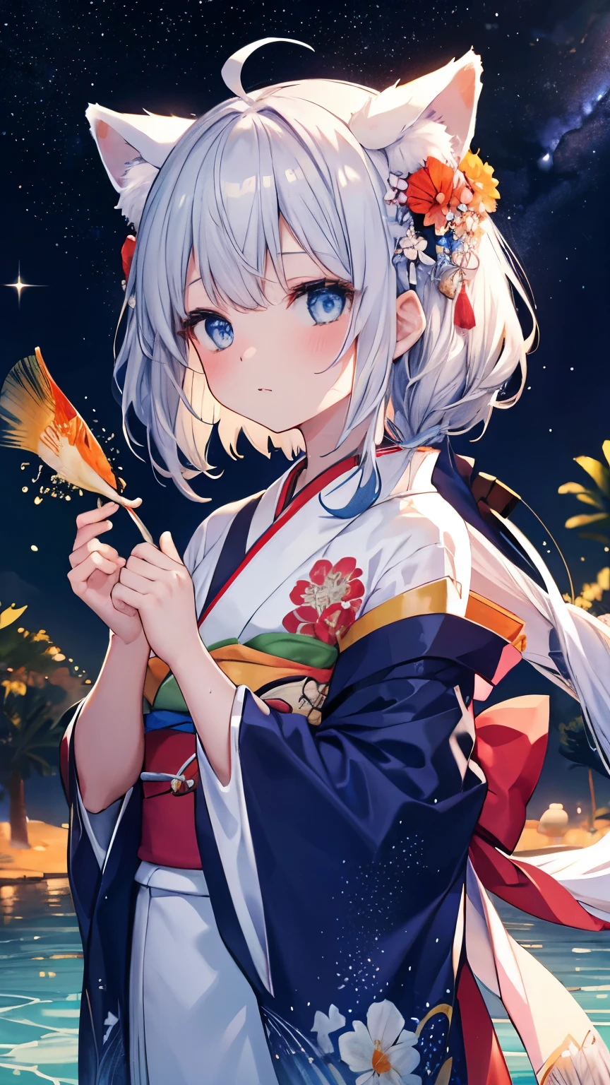 Highest quality:1.1)、(masterpiece:1.2)、(solo)、Close-up、Watching the viewer、Goldfish scooping、summer,kimono,Flowing sweat,Tanabata,Milky Way,milky way,festival,Girl,whole body,Starry Sky,Silver Hair,,Blue Eyes,slender,Strip,Fox ears
