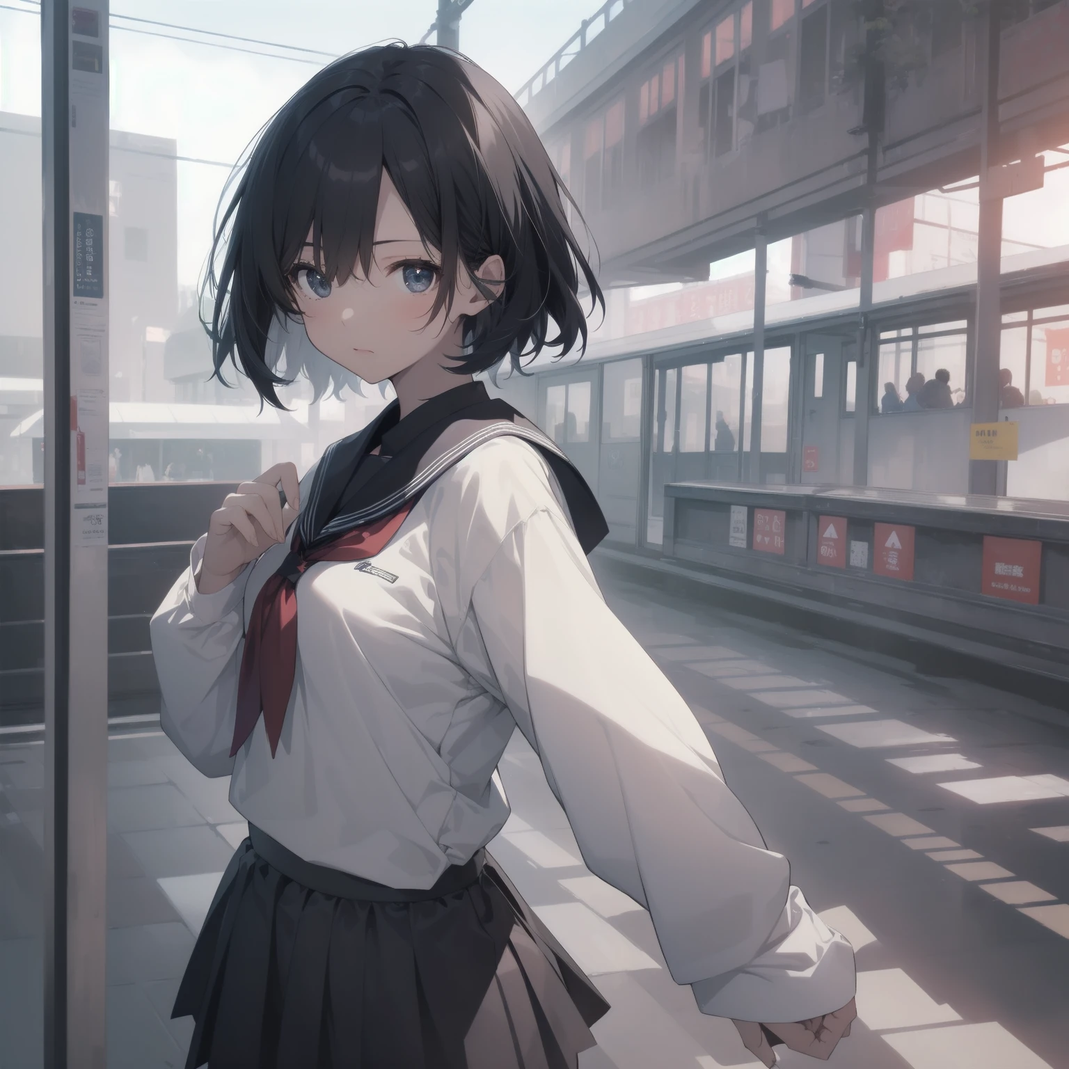 ultra-absurdres-Top quality by artist God, ultra-detailed, high resolution, anime moe artstyle, best anime 8k konachan wallpaper, pixiv contest winner, pool:2810, perfect anatomy,break, 1girl, (Please draw a girl walking sleepily to school alone. )break,(Solo,little female, 13-year-old:1.3),Full limbs, complete fingers,a junior high school student, (very short hair), short cut, flat chest, , small butt, small black eyes, beautiful detailed eyes, well-proportioned iris and pupils, expressive eyes, highres detailed hair, soft expression, salor school_uniform, sailor collar, serahuku, bow, pleated skirt,(Detailed Lighting), (Detailed background), in the School commute route. break,super detailed skin, Best cinematic lighting powered by famous artist, 8k,beauty illustration,photoshop_(medium),very aesthetic,break,((artist:sumiyao_(amam) )), artist:clamp ,artist:carnelian ,artist:kantoku ,
