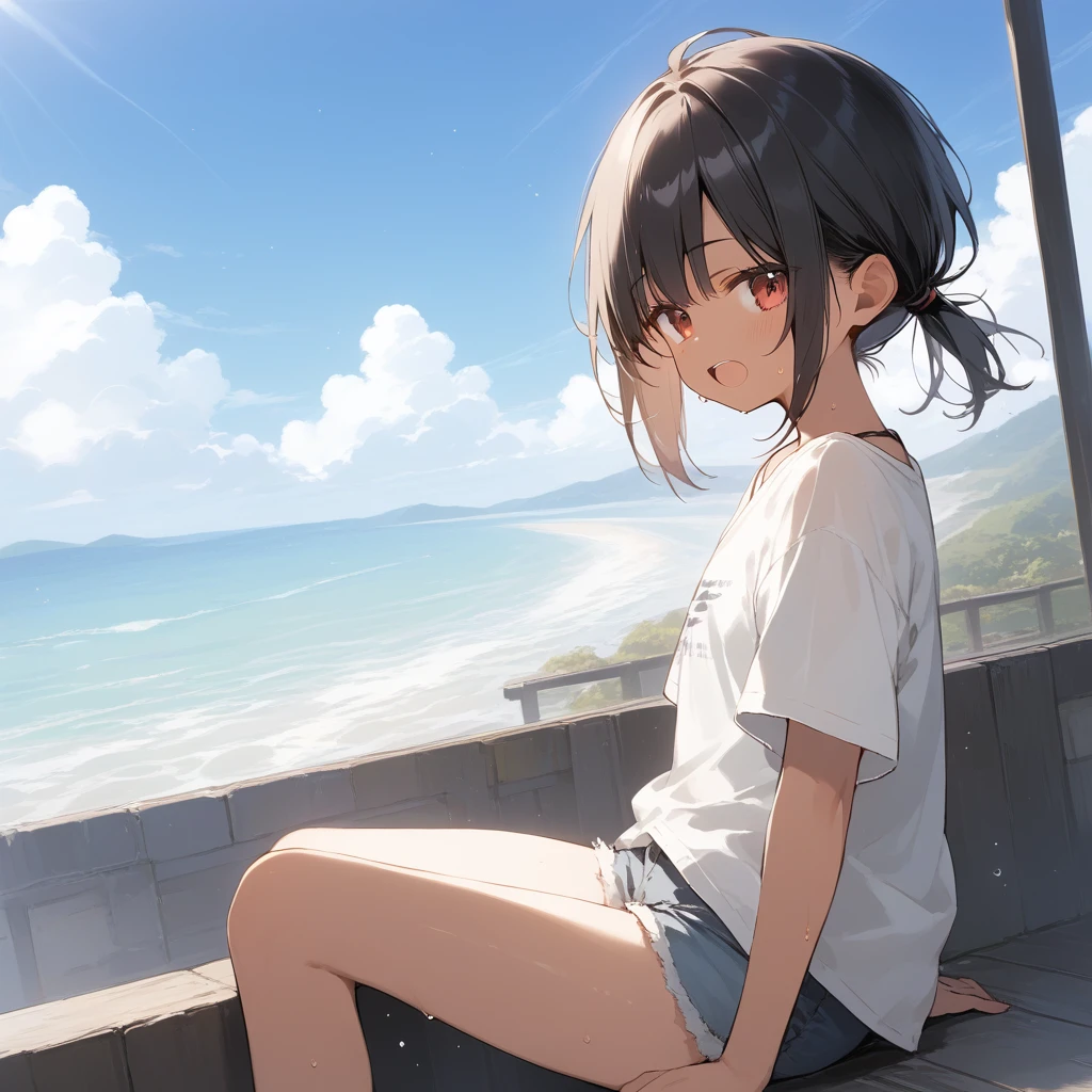 score_9, score_8_up, score_7_up, source_anime, best quality, masterpiece, official art, absurdres, highres, ultra-detailed,waifu2x,Collection: Slice of Life,break,1girl, tomboy, dark-skinned female, short hair, low ponytail, flat chest, beautiful detailed eyes, short shorts, sweat, open mouth, (yawn:0.3), sleepily, outdoors, wind,break,(clear line illustration:1.2), super detailed skin,very high resolution, very aesthetic, Best sexual lighting powered by famous artist, 8k,cute picture,beauty illustration,photoshop_(medium),,(Detailed Lighting),best anime 8k konachan wallpaper, pixiv contest winner, 