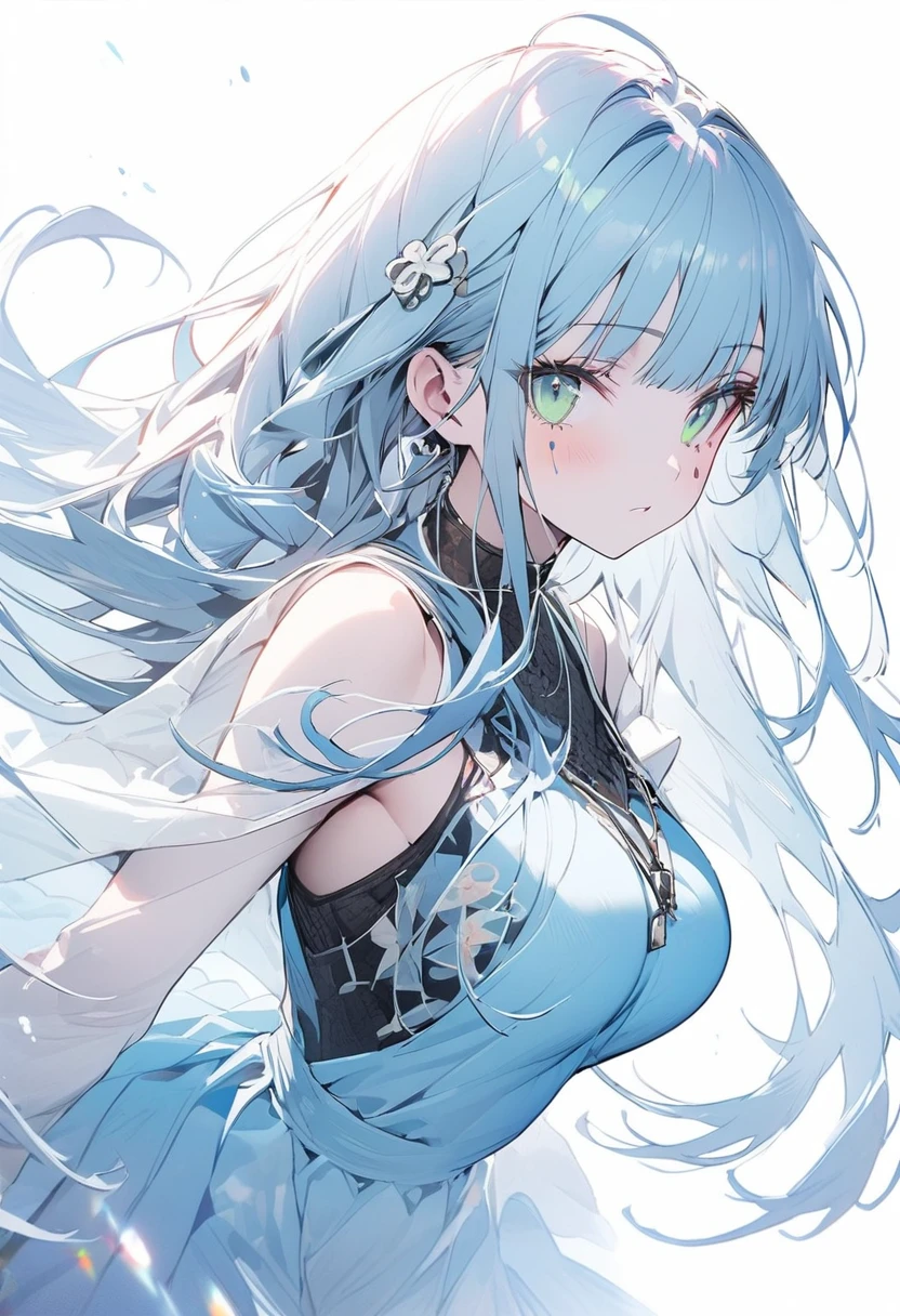 （(1girl)），(((high resolution)))，straight hair,big breatst,((Masterpiece))，((Super detailed))，Simple Background，(White background)，Cool look,((hk416)) ，Expressionless face，（(Sky Blue hair))，((long hair,blunt bangs))，big breasts,Teenage Girls,Clear Eyes，(Green Eyes),Clear white skin,Great graphics,((full body)),Fluttering clothes