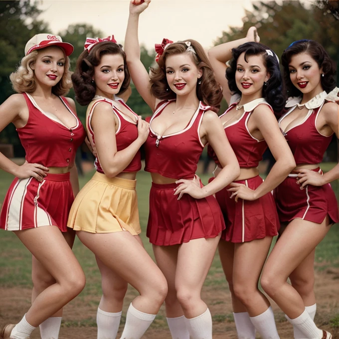 Vintage-style sexy cheerleaders at camp, in pin-up poses with retro uniforms and vibrant colors, big breasts 