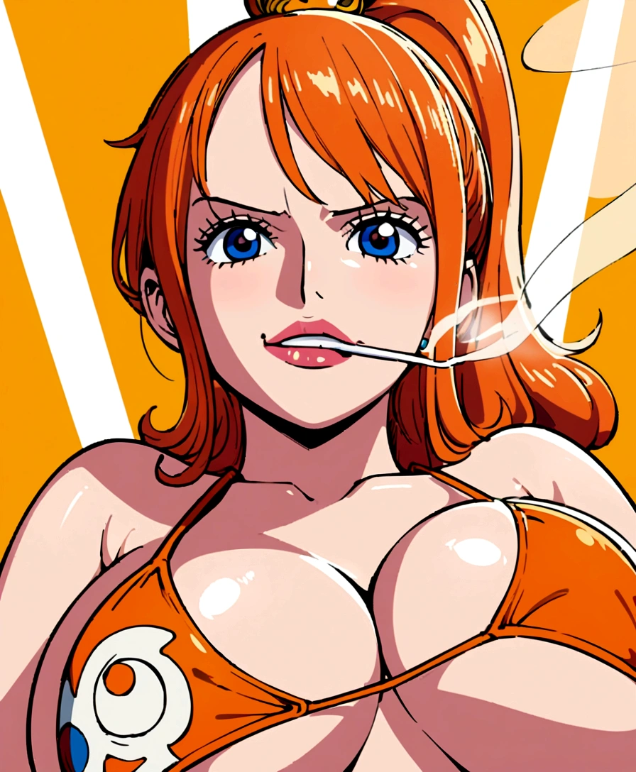 a cartoon picture of a woman in a bikini top and jeans, nami one piece, nami from one piece, nami, beautiful portrait of nami, from one piece, oppai, blue eyes, smoking, ponytail