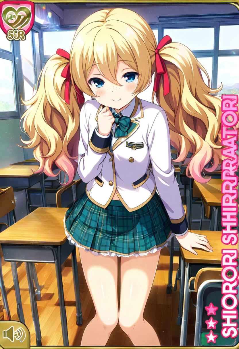 shiratorishiori, Blonde, Hair Ribbon, Red ribbon, Twin tails, Wavy Hair, Hair between the eyes, blue eyes, freckles, alone,classroom,True Face,White shirt,skirt,青いチェックskirt,smile,whole body,stomach,