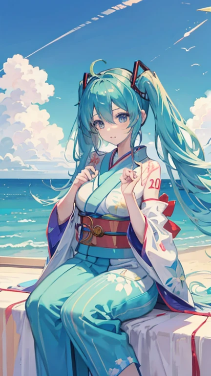 Hatsune Miku in a yukata enjoying a Japanese festival while skydiving, raising both hands in the air