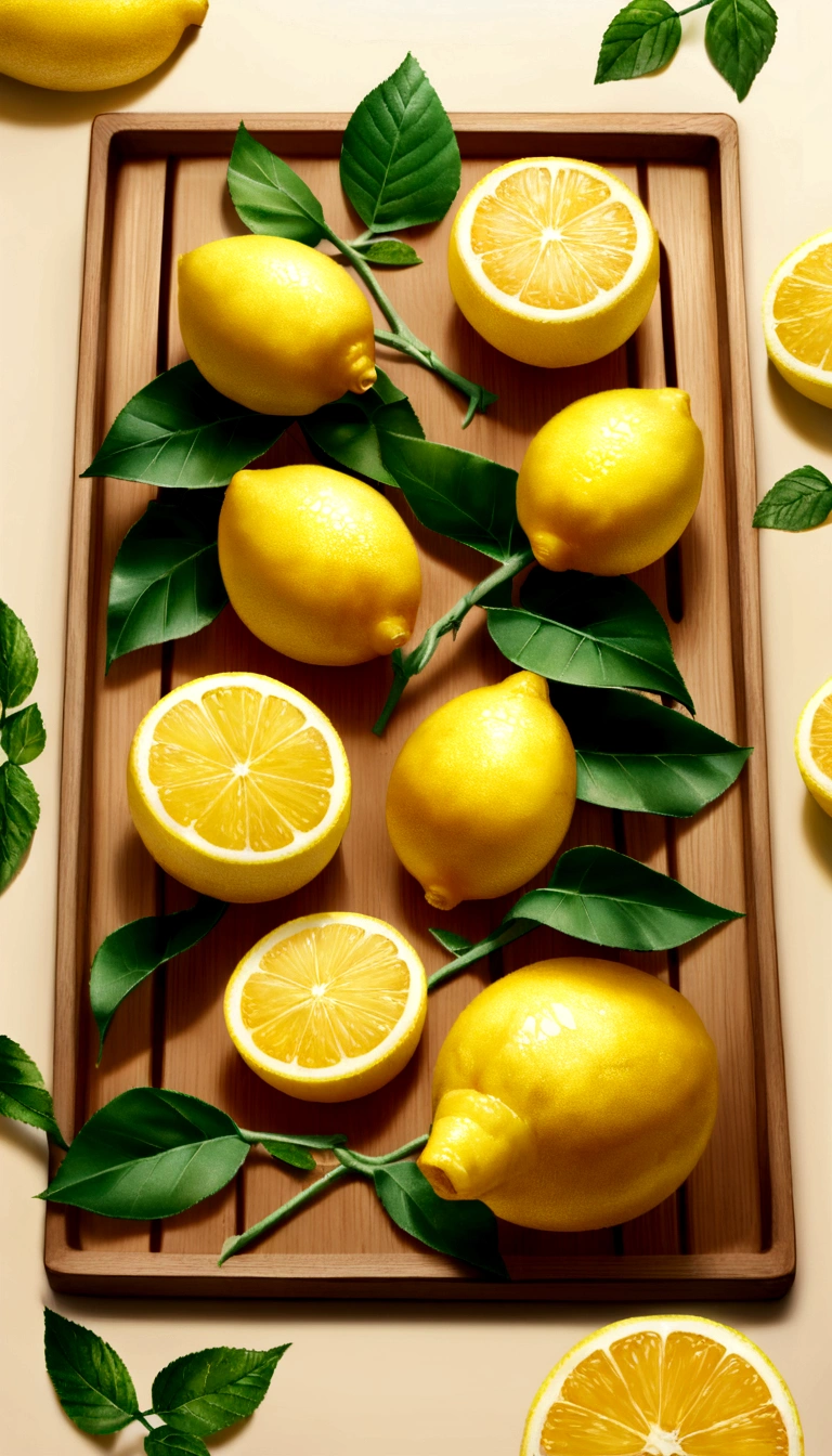 a glass of lemon juice、green、Refrigeration effect、on a wooden tray、Lemon and 2 mint leaves、Next to the green and red straws、Ultra-realistic food images、Complete theme shown in the picture、Randy Post、Surreal」、Surreal&References;、High resolution photos