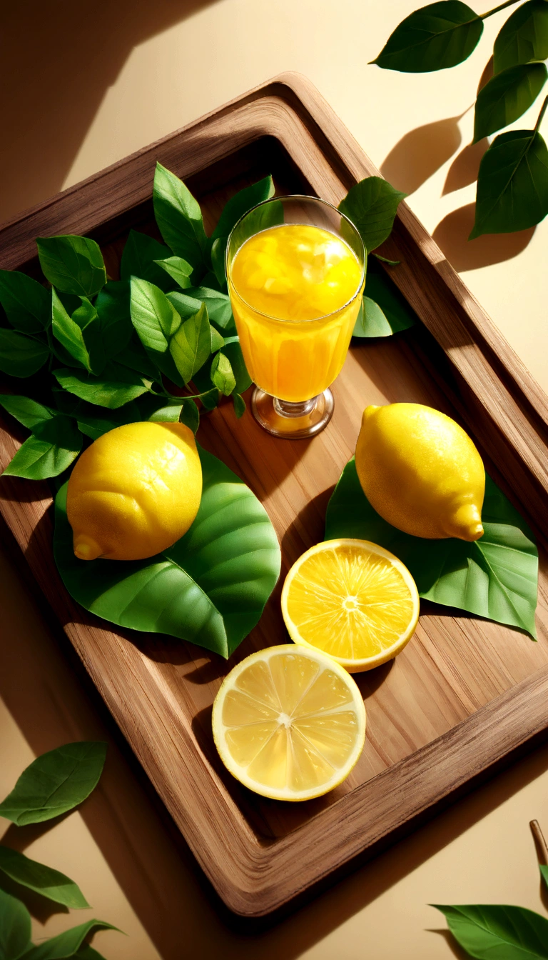 a glass of lemon juice、green、Refrigeration effect、on a wooden tray、Lemon and 2 mint leaves、Next to the green and red straws、Ultra-realistic food images、Complete theme shown in the picture、Randy Post、Surreal」、Surreal&References;、High resolution photos