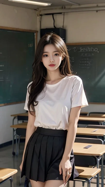 1 Girl,classroom,Soft Light,Chinese Beauty,Short sleeve,Pleated Skirt,Dark-haired,long hair