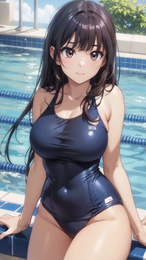 (1 Girl, alone:1.4),(Angle from below:1.4),(masterpiece:1.5),Very accurate and detailed,Ultra-high resolution,Highly detailed CG Unity 8k wallpaper,(Realistic,Realistic,超Realisticな:1.5),(curve,model,Glamour:1.5),Beautiful breasts,Chromatic_aberration,Beautiful detailed shadows,Beautiful Eyes,Beautiful body,Beautiful Skin,Beautiful Hands,(Aesthetic Anime Eyes:1.4),Highest quality,(26 years old:1.4), (Brown eyes:1.4), tsurime, eyelash, Black Hair, Long Hair,Straight hair, Blunt bangs, blunt end,Cleavage cutout,(Navy school swimsuit:1.4), (Wet cloth),Expose your shoulders, Bare arms, Cleavage, Big Breasts, Upper Body, Looking at the audience, behind, On the bed, blush, smile,,(Poolside:1.3),