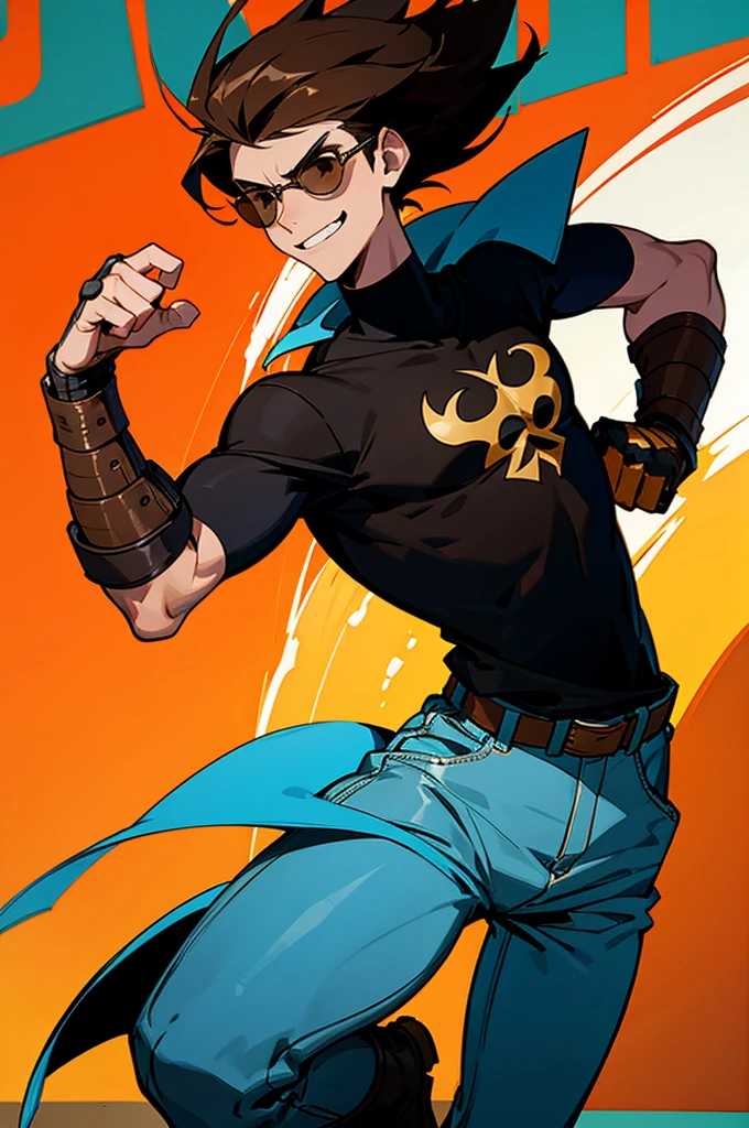 ((illustration)), (best quality)), ((masterpiece)), (detailed), ((road)) comic cover, age, boy, dark hair, brown eyes, muscular, shirt, black hoodie, jeans, combat boots, sunglass, smirking, solo, gauntlet, day, stylish,