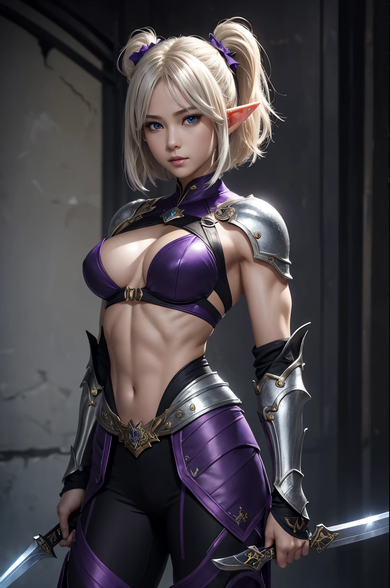 8K、Blonde short bobヘアのエルフ、Super Beauty(Realistic)、Alafeido woman in purple and black outfit、Ultra-detailed fantasy characters、3D Rendering Character Art、blue eyes、Detail Fantasy、Stunning Armor、Amazing character art、Gorgeous Female Paladin、Ultra-high resolution、Ultra-Realistic Skin、Beautiful expression、Sexy appearance、Enchanting、Beautiful small breasts、Rich colors、Backlight、Cinema Lighting、Film Grain、50mm lens、Nikon D850、Fantasy art、Dynamic fighting poses、In a dimly lit dungeon、make、Elf Ears、Very muscular and slim body、Extremely strong and defined abs腹筋(Six Pack)、Silver hair ornament(one point)、Purple and black combat pants、湾曲した銀2Holds two small swords in each hand、Preparing for battle、Blonde short bob,Strengthening muscles throughout the body,Extremely strong and defined abs(Six Pack),2Holds two small swords in each hand,With a silver and purple bow,amazing muscles,