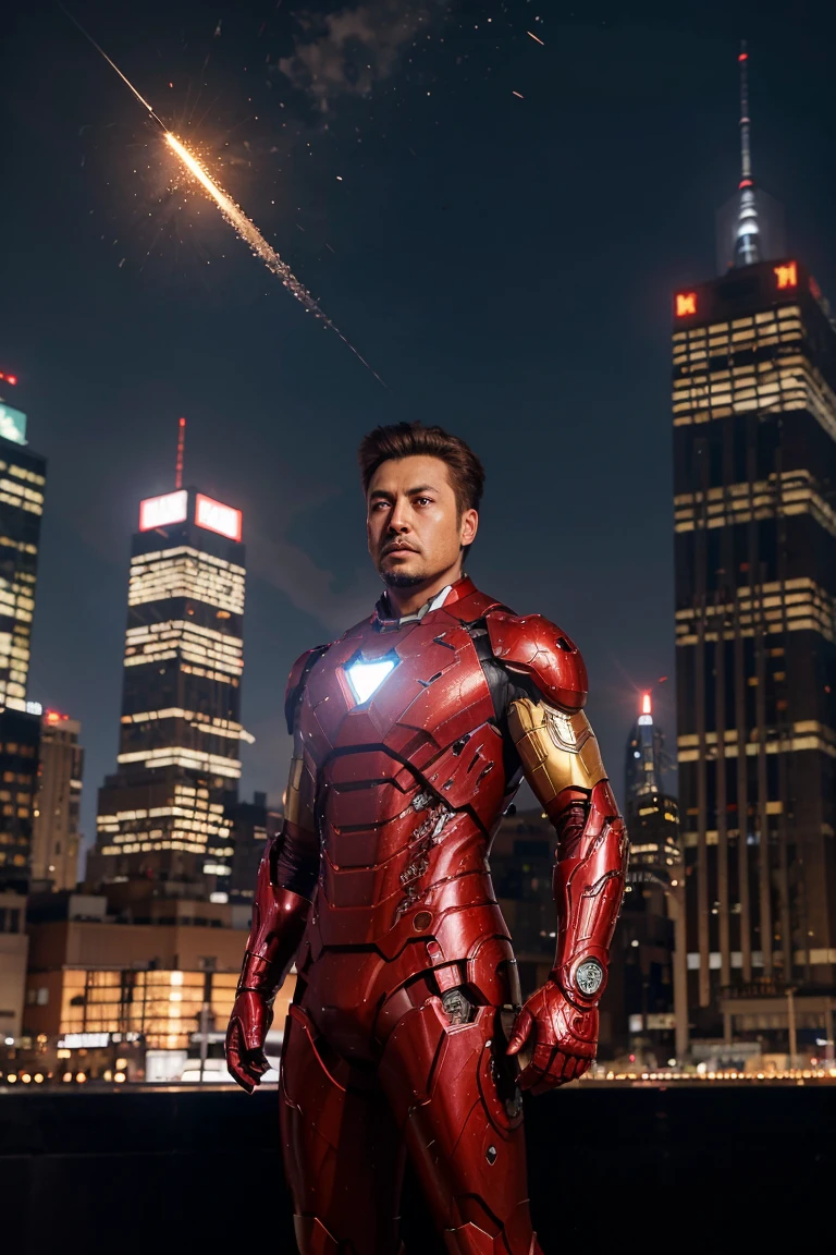 Waxwing bird in an iron man suit against the backdrop of New York skyscrapers. Meteorites fall from the sky. Complete chaos. future. Realism, high tech, Japan
