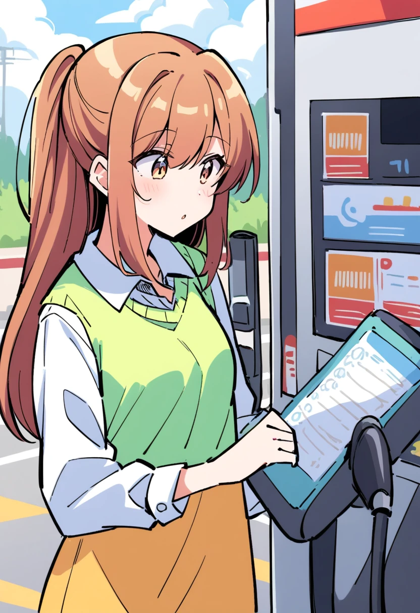 Girl working at a gas station