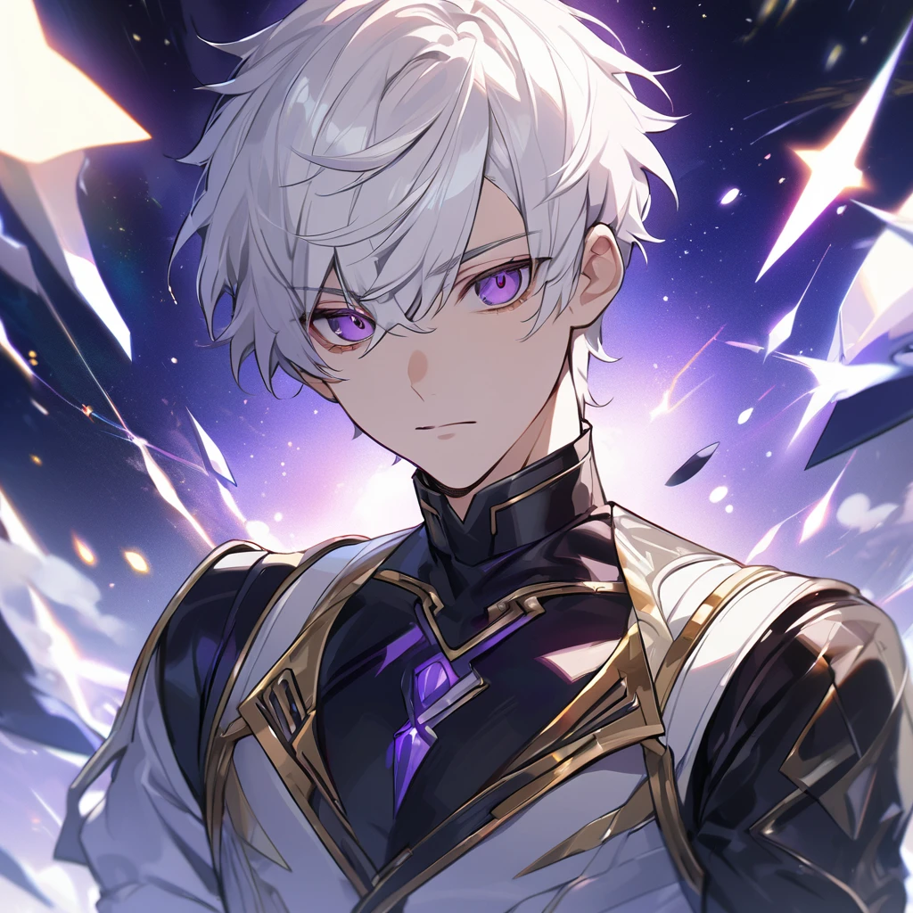 High quality, HD, 4k, no shadows, handsome male, 1male, 17 years old, teenager, golden lining, short white hair, sharp eyes, dark purple eyes, deep purple eyes, devil may cry, close up, calm expression, stoic expression, black leather clothes, white leather clothing, lean body, well trained body, upper body, looking at viewer, cowboy shot, white solar, space background