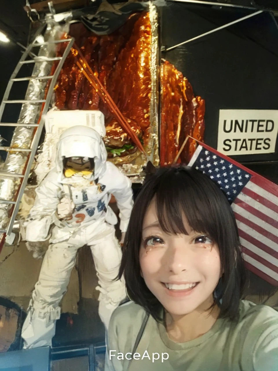 masterpiece, Highest quality, Embarrassed look,so beautiful, Absurd, up to date, One girl, alone, ager, Black Hair, Long Hair, Flowing Hair, Close ~ eyes, View your viewers, Laughter, Tears of joy, Casual clothing, indoor, living room, Sitting, (Chopsticks on the table:1.3), Vibrant colors, Dynamic pose、、A confident smile, Two students eating at a burger joint demonstrating a gesture commonly associated with a peace sign while speaking by a restaurant, slacks, Black Hair, indoor, Counter seats, skirt, shirt, ((((complete fiでe fingers))))