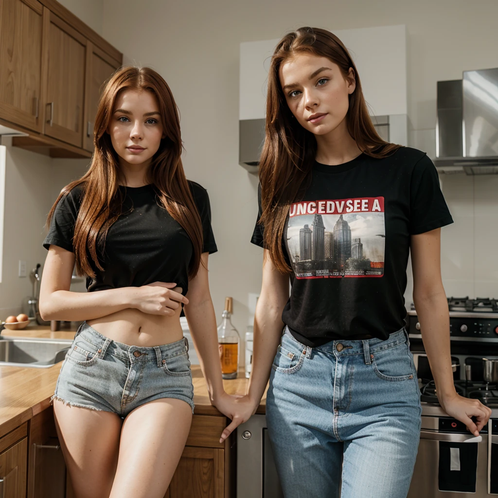 redhead girl, , sloviac model, 23-year-old red model, blonde model looking at the camera, woman with beautiful face, long hair woman, kitchen, full body, 8k, wearing tshirts and jeans