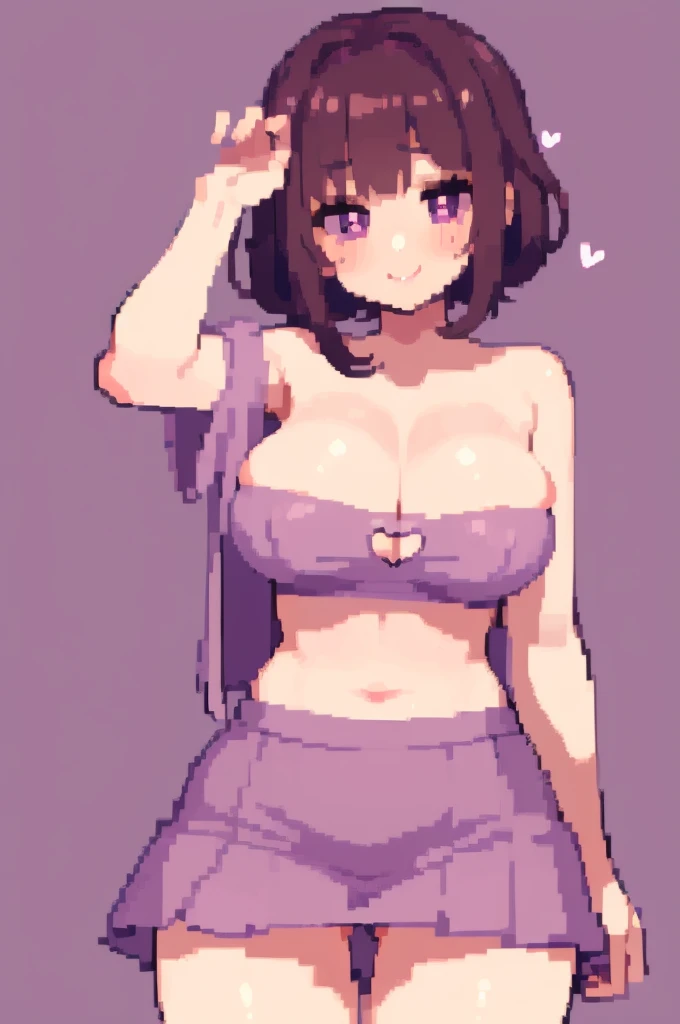 ((best quality)), ((masterpiece)), (detailed)),Cute Girl,Short Brown Hair,Purple Eyes,Heart shaped pupils,Cute smile,Red Blush,big breasts,showed under ,bare thick thighs,cute skirt,Glowing purple eyes,cute pose,hand beneath breasts,purple background,heart shaped pupils