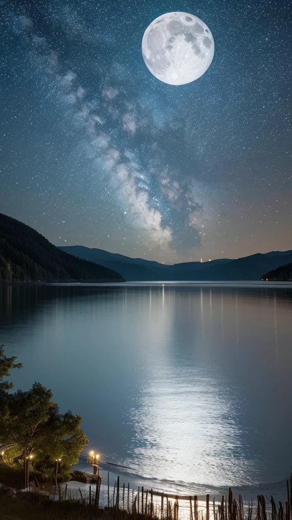 Create a serene night scene by a quiet lakeside, where the calm water reflects the soft glow of the moonlight. The sky is clear, revealing a multitude of stars. Surrounding the lake are dense, dark green trees, gently swaying in a light breeze. The moon is full and its silver light illuminates the landscape, casting gentle shadows. There are no artificial lights, only the natural beauty of the moonlit night