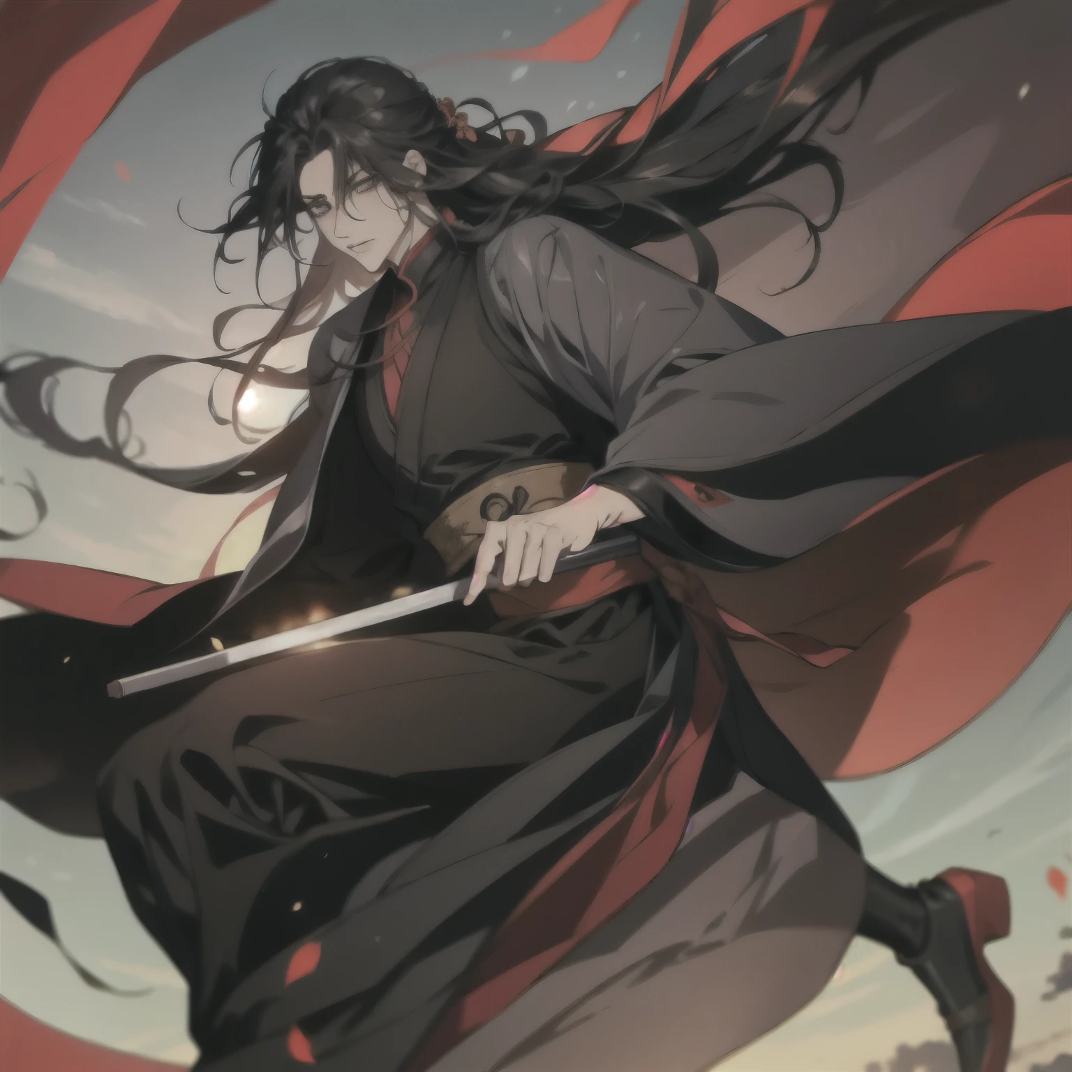 (masterpiece, best quality:1.2), 1male, solo, wei wuxian, mo dao zu shi, mdzs, black clothes, grey eyes, long black hair, perfect anatomy, full body