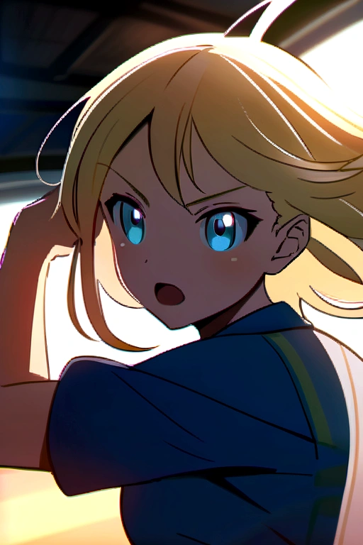 Anime girl with short blonde hair and blue eyes playing baseball