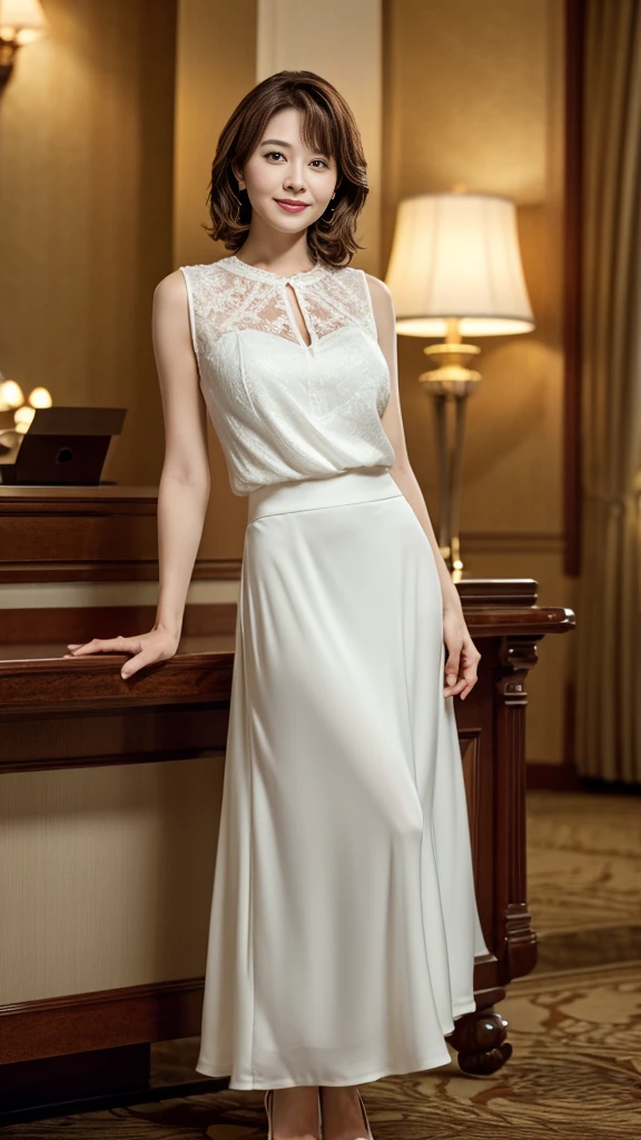 Browsing Caution, highest quality, Realistic, Surreal, Super quality, Highly detailed CG, Very delicate and beautiful, 8k wallpaper, High resolution, Hotel Lobby, (Dim lighting), Single woman, Age 37, ((whole body)), ((Stand facing us)), (White blouse), (Long skirt), (Red High Heels), Straight medium hair, smile, Thin lips, slim, Small breasts, (Highly detailed face), (Ultra-detailed facial expressions)