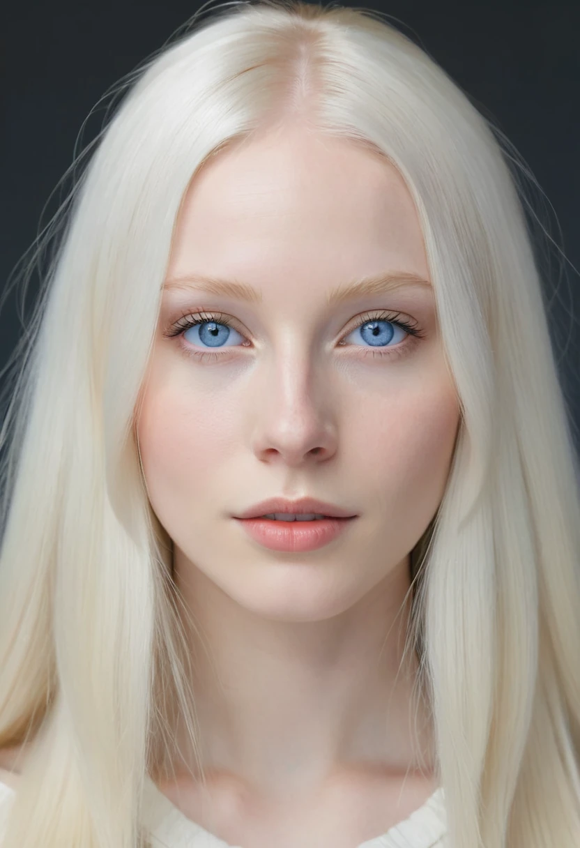 Extremely light albino woman, young, adult, neoteny, blue eyes, angelic face, fine features, thin nose, symmetrical face, small nose, perfect face, tenderness, smooth skin, perfect skin, very long light white hair,hyper realistic,centered front face, looking straight ahead