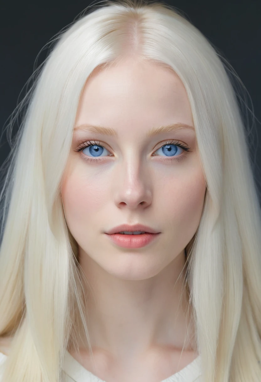 Extremely light albino woman, young, adult, neoteny, blue eyes, angelic face, fine features, thin nose, symmetrical face, small nose, perfect face, tenderness, smooth skin, perfect skin, very long light white hair,hyper realistic,centered front face, looking straight ahead