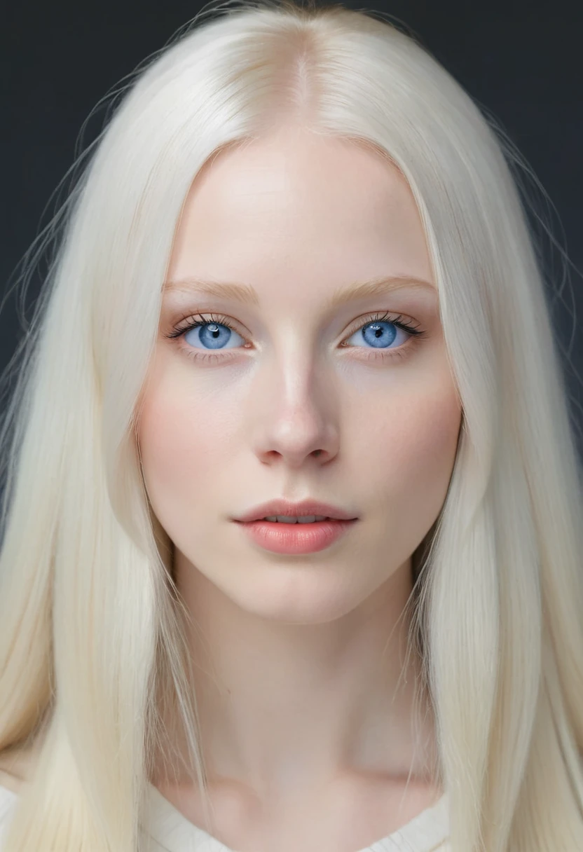 Extremely light albino woman, young, adult, neoteny, blue eyes, angelic face, fine features, thin nose, symmetrical face, small nose, perfect face, tenderness, smooth skin, perfect skin, very long light white hair,hyper realistic,centered front face, looking straight ahead