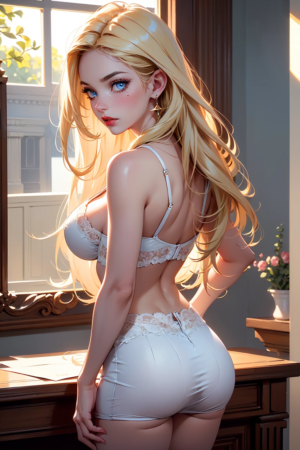 (Blonde stunning hair), (blue eyes), blue necklace, Golden earrings, Fit, Gorgeous Body, gorgeous, brown eyebrows, (two moles over lip), big pupils, (23 years old), 1girl,solo, complex skin, warm light, (large breasts), wide thighs, round butt, 5 fingers, ((blushing)), ((detailed face, best quality)), (masterpiece)), ((ultra-detailed)), (beautiful detailed eyes), red lip, eyeshadow, beautiful face, long hair, very detailed eyes, intricate details in eyes, perfect lips, good lighting, ((disgusted mean face)), wearing casual revealing hot clothes, angle from behind, show ass