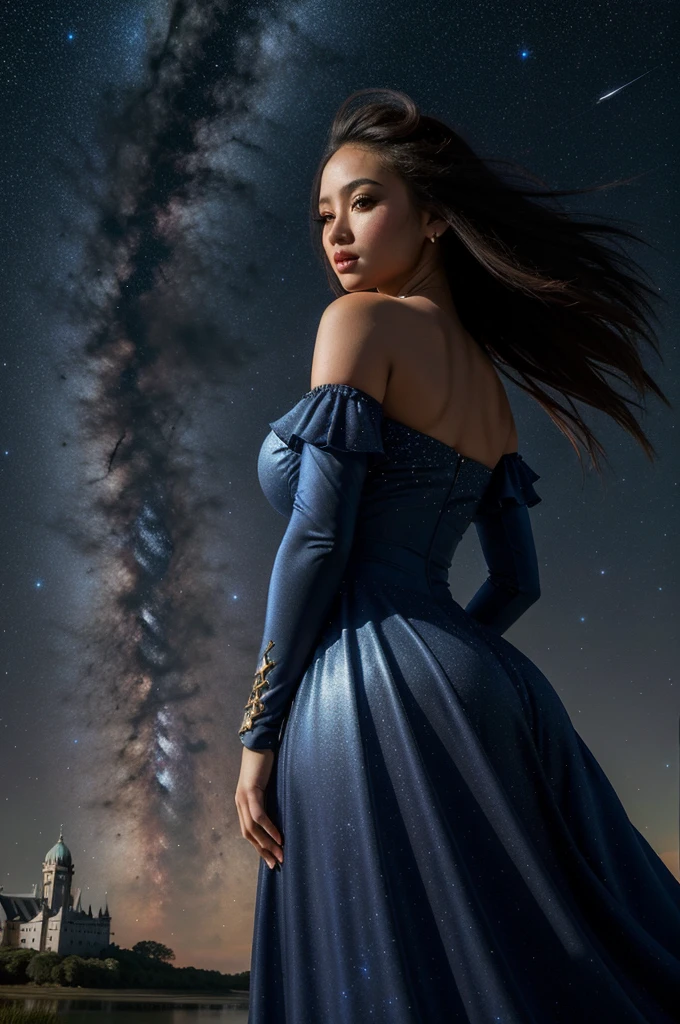 1girl, detailed space-themed, best quality, elegant, Fluffy [Funny:Beautiful:10] ([Antigua and Barbuda|Marsh]:1.3) in the distance there is a Castle, desolate flora with Apple tree, Stars in the sky, Fearful, stylized, kinetic art, Beautifully Lit, Depth of field 100mm, Provia, Elegant, Navy Blue dust particles, Highres, trending on CGSociety, stars, galaxies