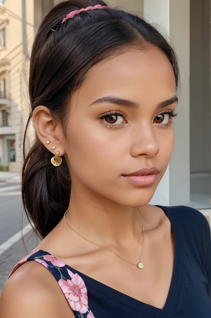 Generate an image of a young woman with an oval-shaped face, medium brown skin tone, dark brown eyes, straight dark brown hair tied back in a low ponytail with a small strand loose on the left side. She has a straight nose, full pink lips, small ears with black stud earrings, wearing a navy blue top with buttons and a subtle pattern, and a delicate necklace. The background should show greenery and a building