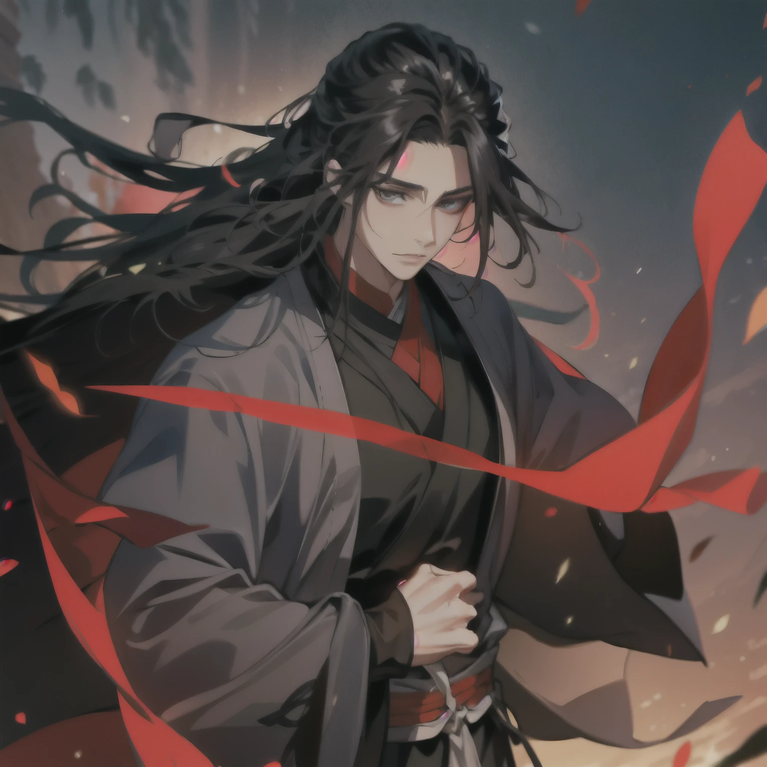(masterpiece, best quality:1.2), 1male, solo, wei wuxian, mo dao zu shi, mdzs, black clothes, grey eyes, long black hair, perfect anatomy, full body