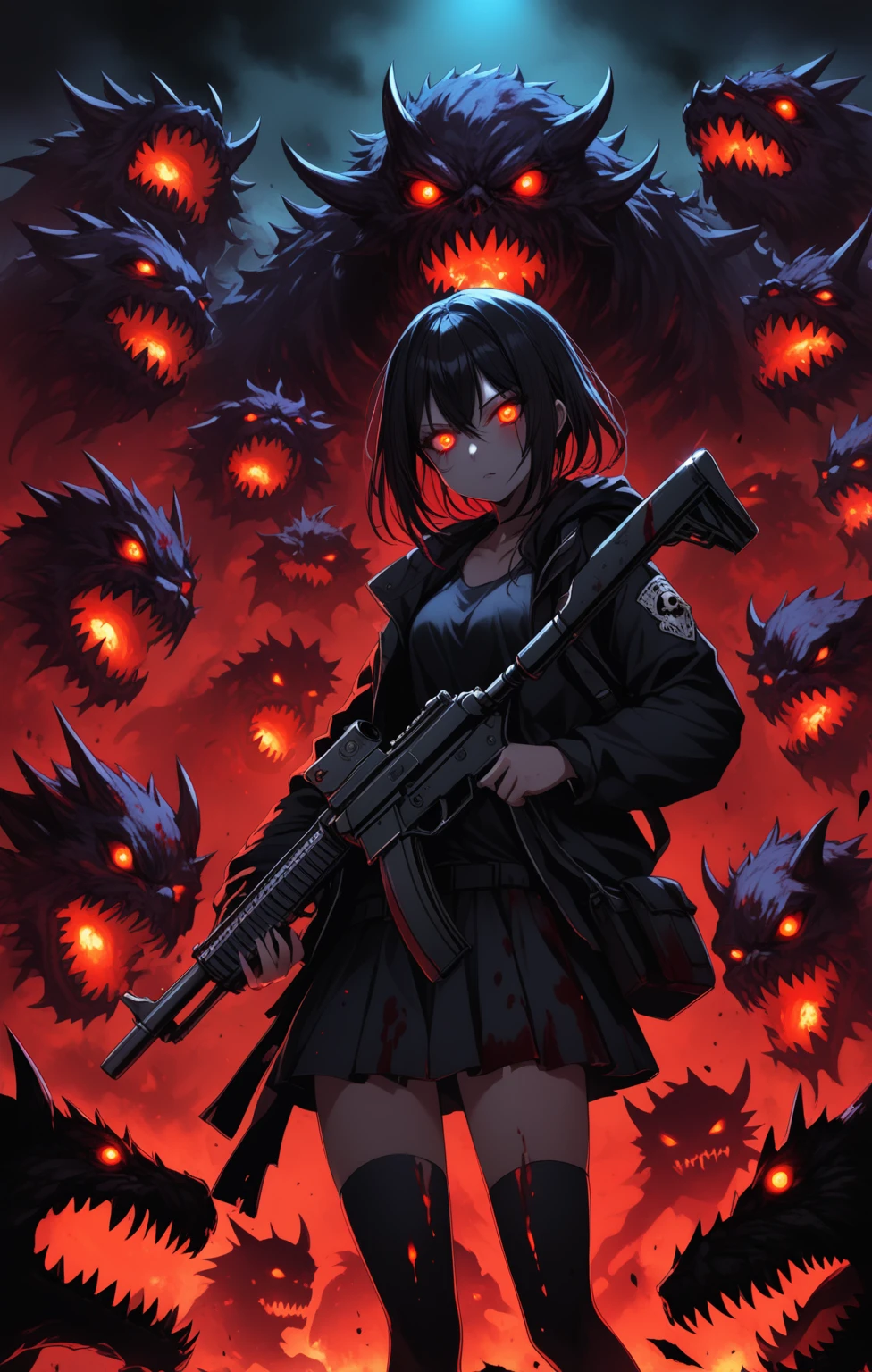 1girl , Dark Bloody , dark , holding gun , surronding by many monster , dark vibe , glowing eyes