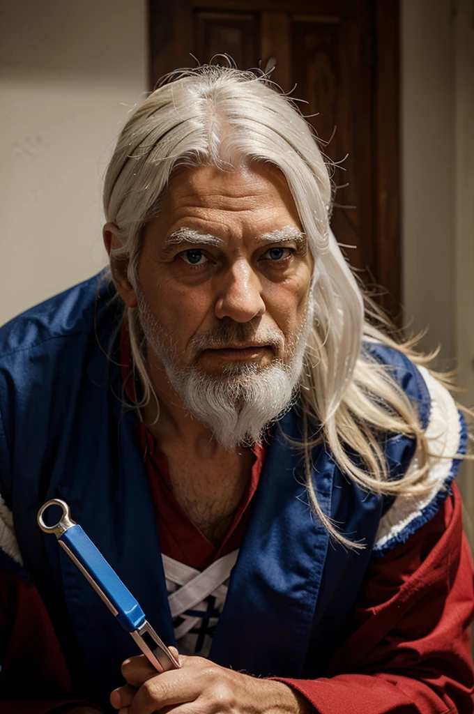Saint Peter. elderly man, white bearded, white hair, wearing red and blue cloak, holding a square tip wrench.