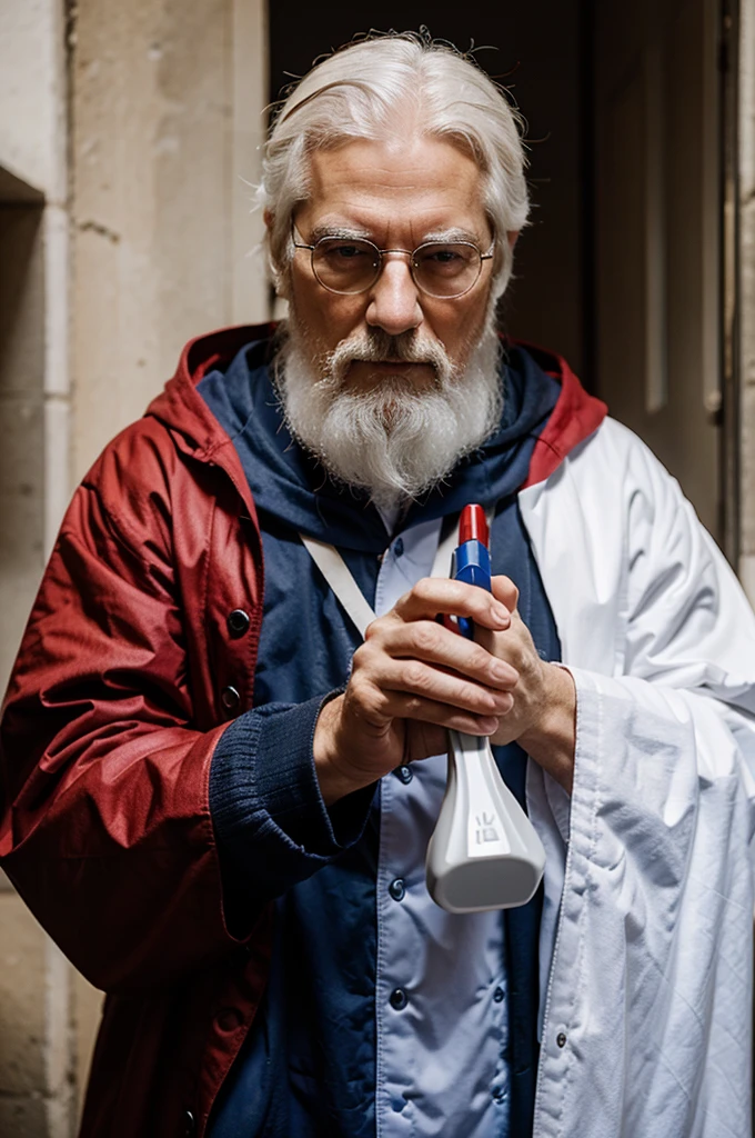 Saint Peter. elderly man, white bearded, white  hair, wearing red and blue cloak, holding a square tip wrench.