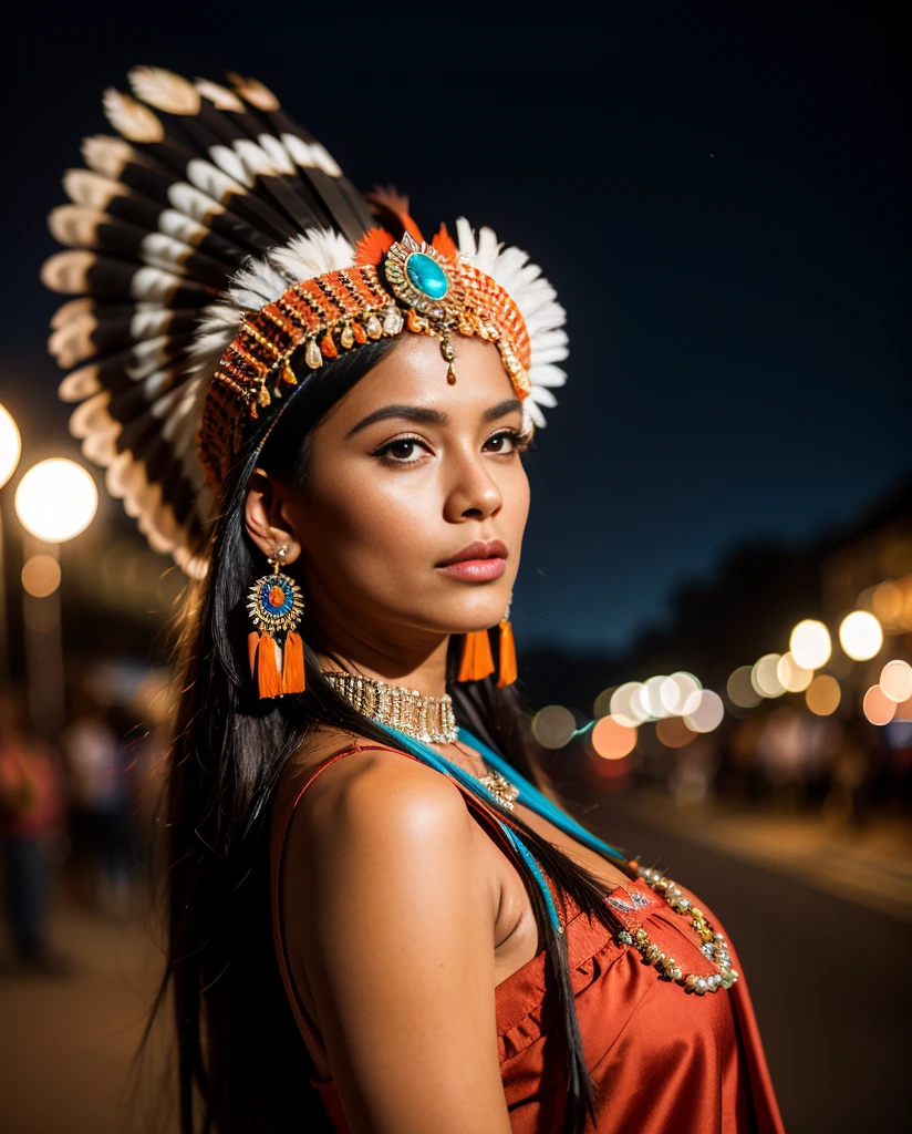 Beautiful Cherokee Indian woman with beautiful terracotta colored headdresses, blackw, doradas, cobre, Pearl, white and beige, feathers made of bright neon of various colors, flares on camera, bokeh, full moon night
