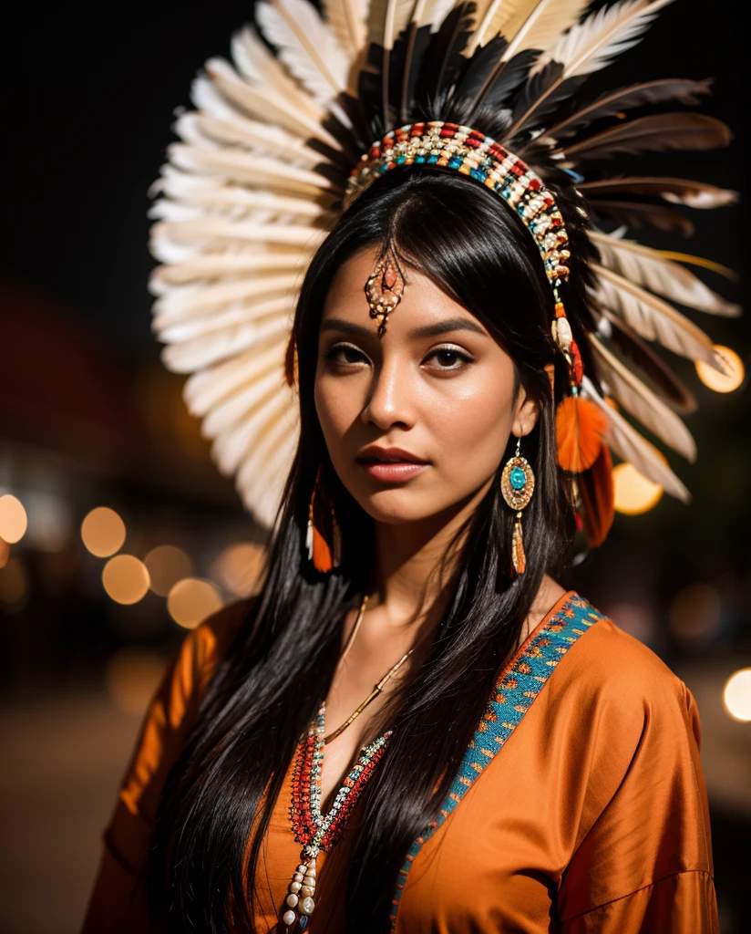 Beautiful Cherokee Indian woman with beautiful terracotta colored headdresses, blackw, doradas, cobre, Pearl, white and beige, feathers made of bright neon of various colors, flares on camera, bokeh, full moon night