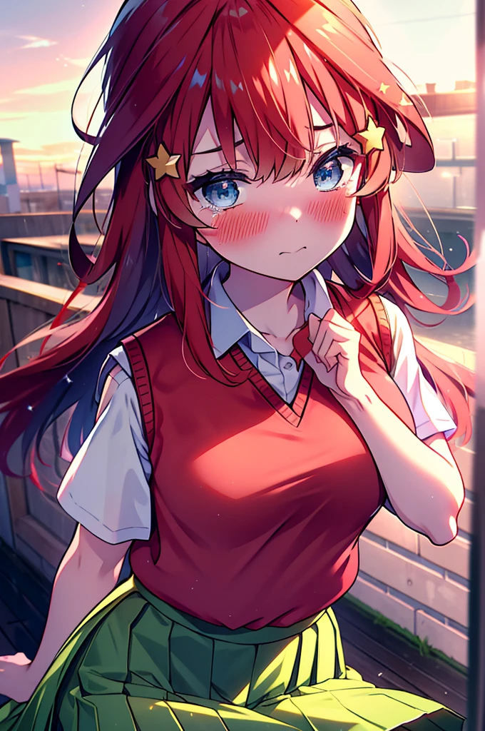 itsukinakano, itsuki nakano, bangs, blue eyes, Hair between the eyes, Ahoge, Redhead, star \(symbol\), hair ornaments, star hair ornaments,Tears stream down her face,Tears of joy,I cry a lot,blush,Open your mouth,
skirt, shirt , clavicle, white shirt, Short sleeve, Pleated skirt, socks, collared shirt, mini skirt, Knee-high, white socks, (Green Skirt:1.5), (red sweater vest:1.5),Black Loafers,Sunset,evening,The sun is setting,whole bodyがイラストに入るように,
break outdoors, Back of the school building,
break looking at viewer, whole body,(Cowboy Shot:1. 5)
break (masterpiece:1.2), Highest quality, High resolution, unity 8k wallpaper, (figure:0.8), (Beautiful attention to detail:1.6), Highly detailed face, Perfect lighting, Highly detailed CG, (Perfect hands, Perfect Anatomy),