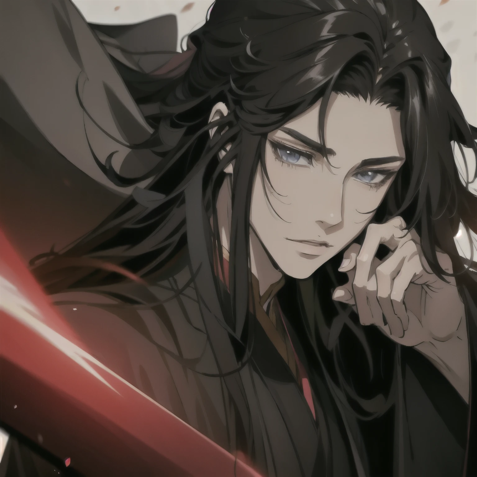 (masterpiece, best quality:1.2), 1male, solo, wei wuxian, mo dao zu shi, mdzs, black clothes, grey eyes, long black hair, perfect anatomy, full body