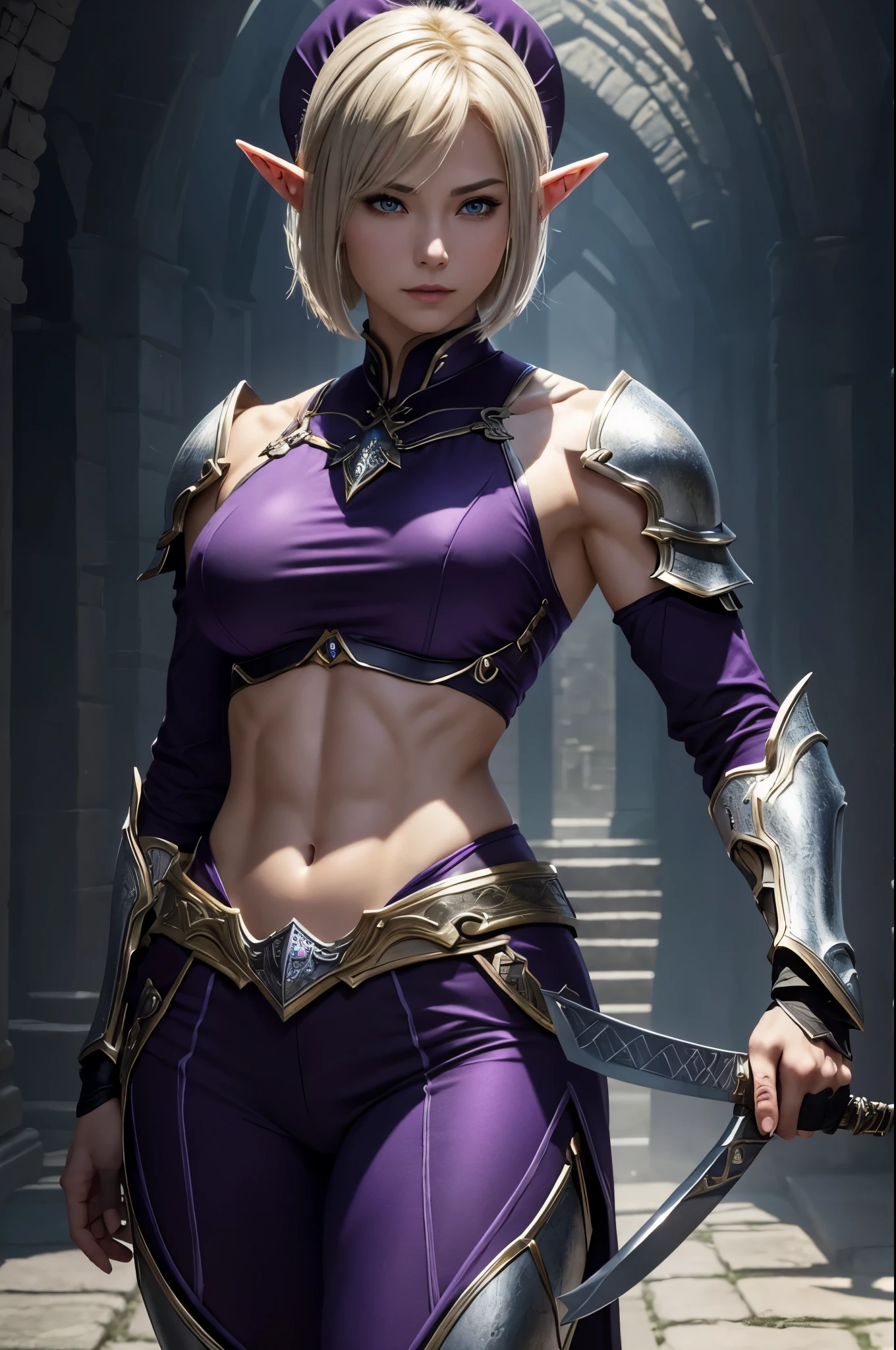 8K、Blonde short bobヘアのエルフ、Super Beauty(Realistic)、Alafeido woman in purple and black outfit、Ultra-detailed fantasy characters、3D Rendering Character Art、blue eyes、Detail Fantasy、Stunning Armor、Amazing character art、Gorgeous Female Paladin、Ultra-high resolution、Ultra-Realistic Skin、Beautiful expression、Sexy appearance、Enchanting、Beautiful small breasts、Rich colors、Backlight、Cinema Lighting、Film Grain、50mm lens、Nikon D850、Fantasy art、Dynamic fighting poses、In a dimly lit dungeon、make、Elf Ears、Very muscular and slim body、Extremely strong and defined abs腹筋(Six Pack)、Silver hair ornament(one point)、Purple and black combat pants、湾曲した銀2Holds two small swords in each hand、Preparing for battle、Blonde short bob,Strengthening muscles throughout the body,Extremely strong and defined abs(Six Pack),2Holds two small swords in each hand,With a silver and purple bow,amazing muscles,