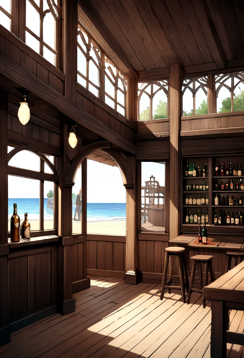 old english pub, black timber with white paneling, wooden floor, large window looking out to sea, shelves with bottles
