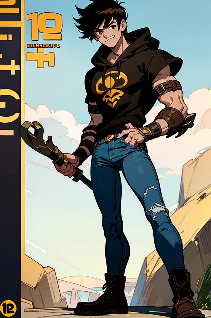 ((illustration)), (best quality)), ((masterpiece)), (detailed), ((road)) comic cover, teenage, boy, dark hair, brown eyes, muscular, shirt, black hoodie, jeans, combat boots, sunglass, smirking, solo, gauntlet, day, stylish,