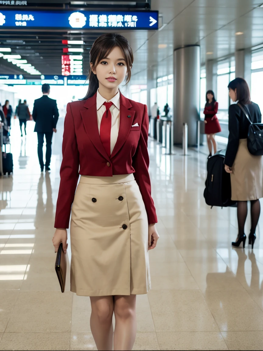 {{Mature Solo Woman, White people}}, View your viewers, Hazel Eyes, Very detailed, Medium chest, Brown Hair, airport, flight attendant, uniform, A nice red blazer, Red nice tie, Beige Skirt, Midi Skirt, Pencil Skirt, Red nice high heels, Happy, 最high quality, high quality, Very detailed anime screencap, {{{{Crowded, One girl, Matching outfits, Hairstyles up}}}}, whole body