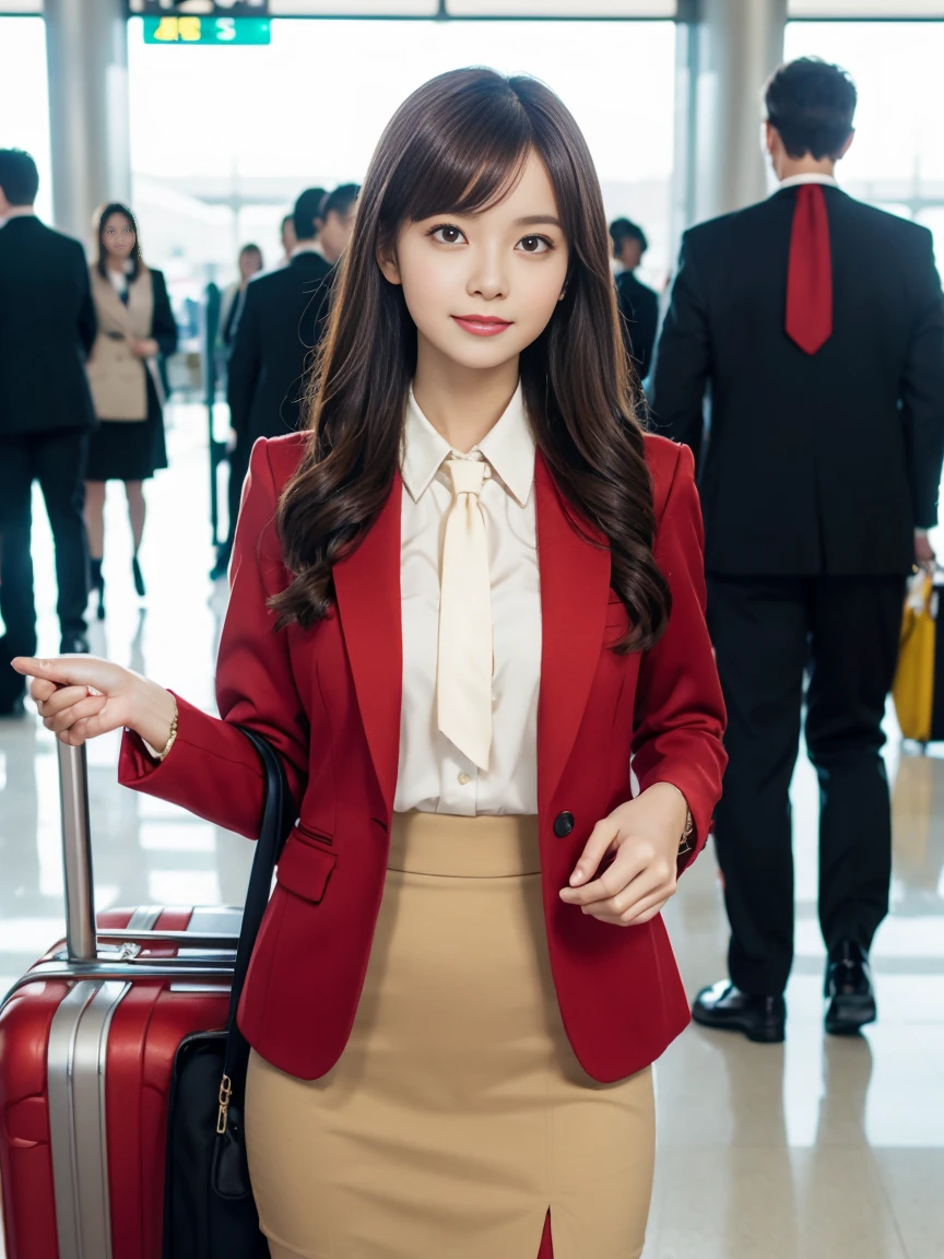 {{Mature Solo Woman, White people}}, View your viewers, Hazel Eyes, Very detailed, Medium chest, Brown Hair, airport, flight attendant, uniform, A nice red blazer, Red nice tie, Beige Skirt, Midi Skirt, Pencil Skirt, Red nice high heels, Happy, 最high quality, high quality, Very detailed anime screencap, {{{{Crowded, One girl,  Matching outfits, Hairstyles up}}}}, whole body